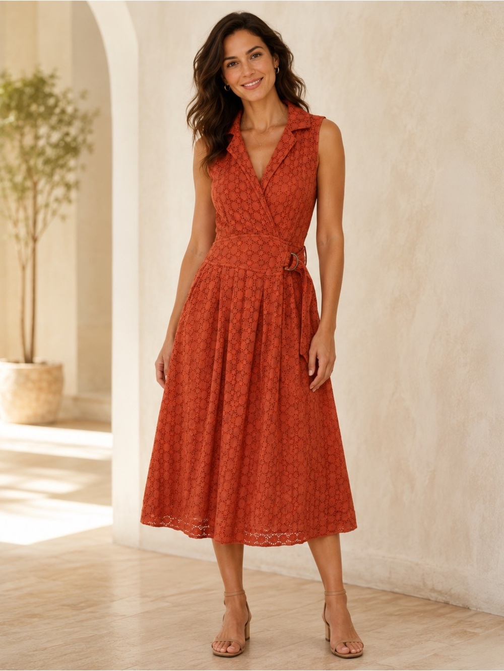 Anthropologie Elm Eyelet Midi Dress 6 Coral Cotton Fit Flare Belted